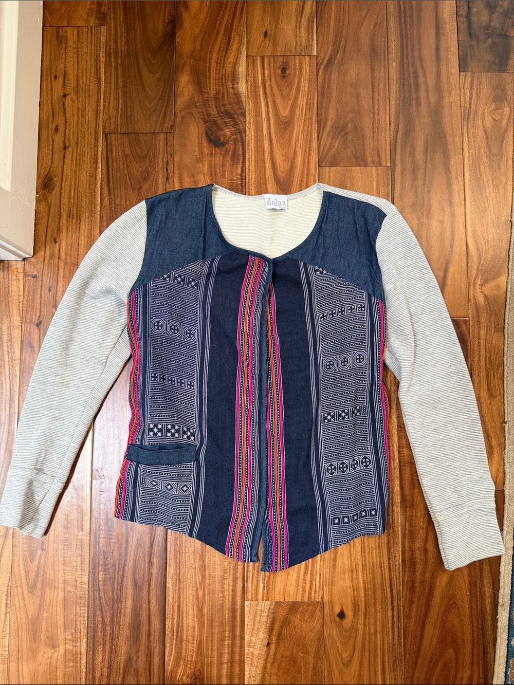 dolan Heather Gray & Navy Open-Front Knit Cardigan with Patterned Panels